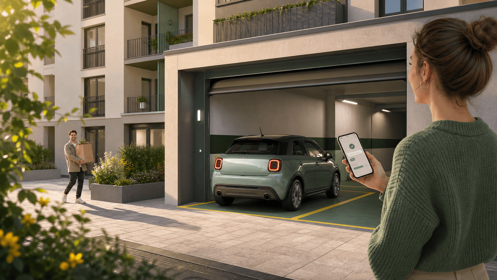 A visitor arriving at a shared apartment garage