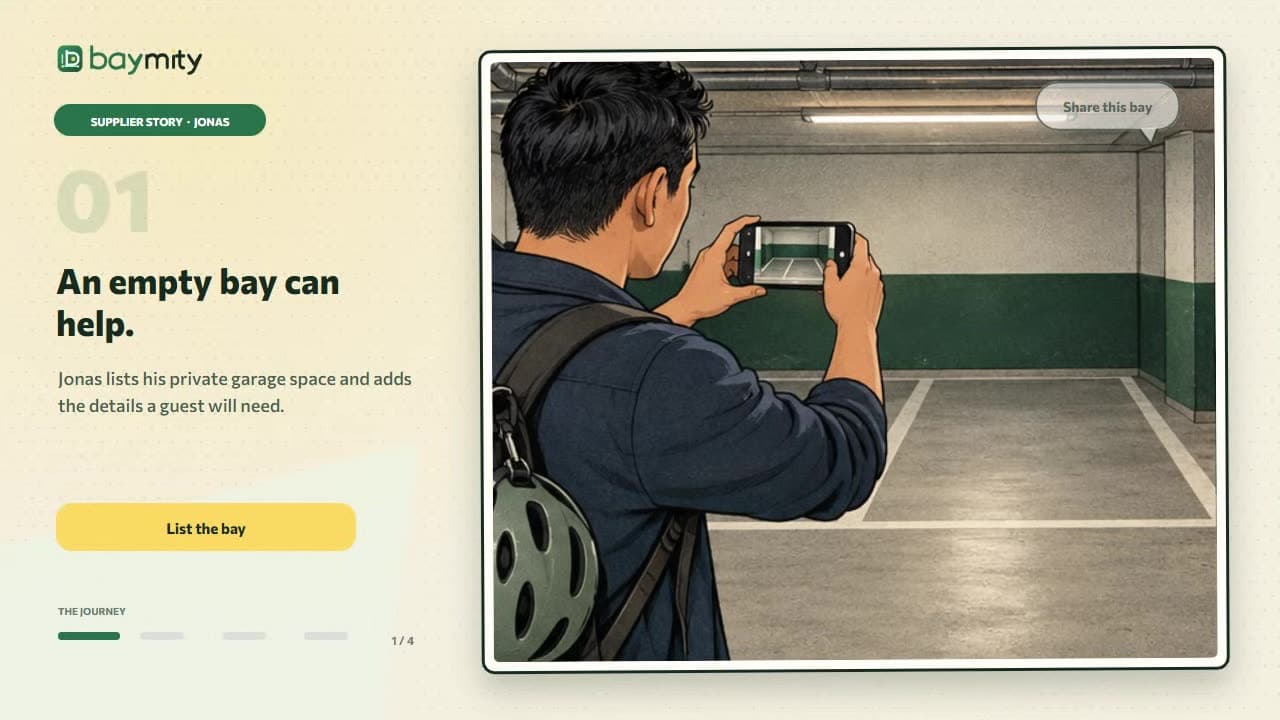 An illustrated supplier photographs an empty parking bay.