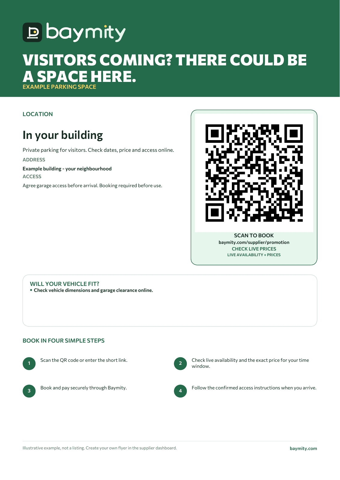 A4 example from Baymity’s flyer generator: location, access, QR code, vehicle limits and four booking steps.