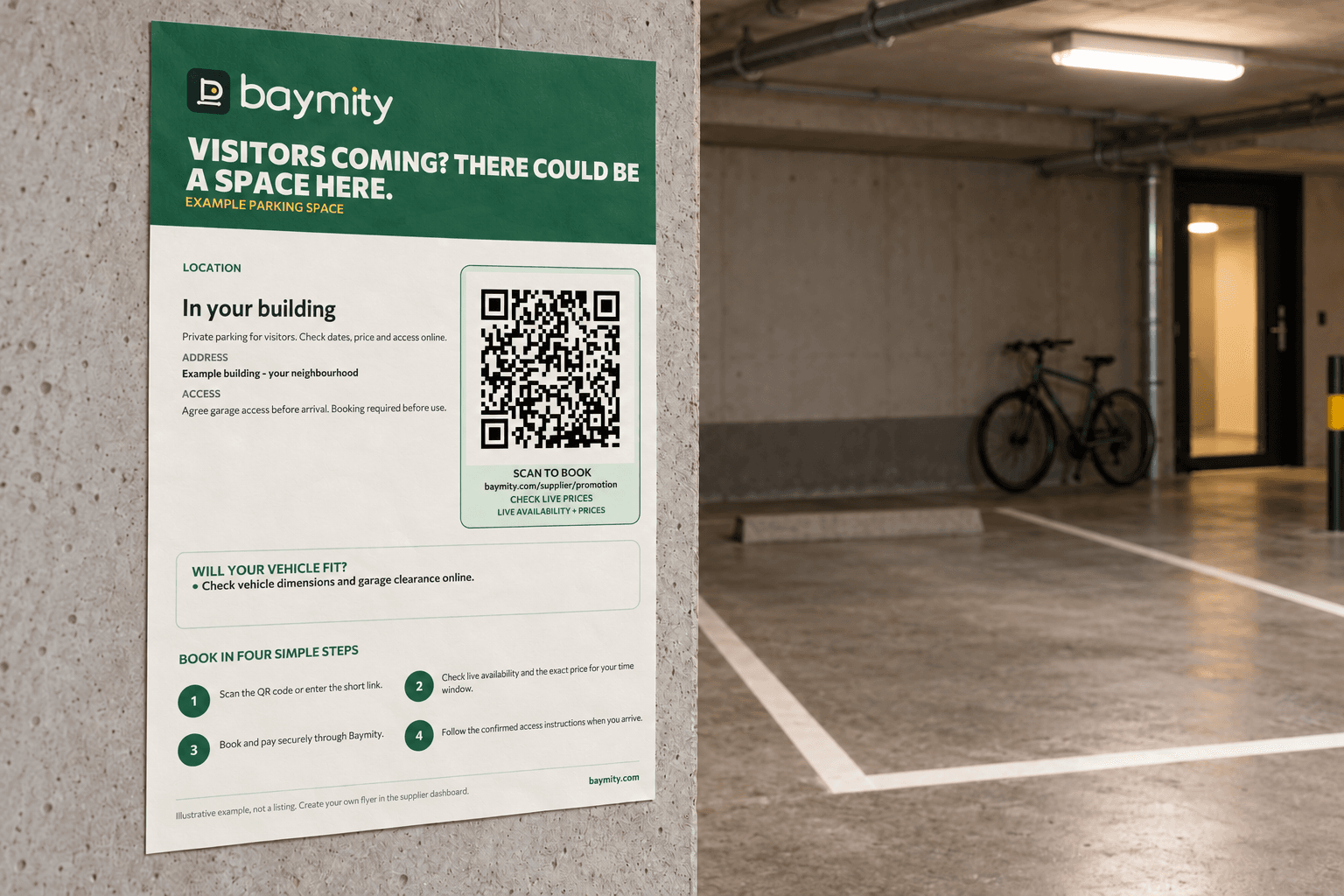 An example Baymity A4 flyer on the wall beside an empty garage parking bay.