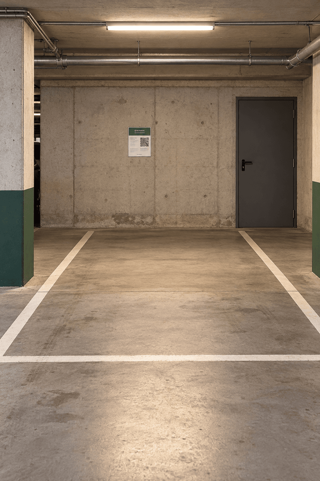A clear view of an empty parking bay in a residential garage.